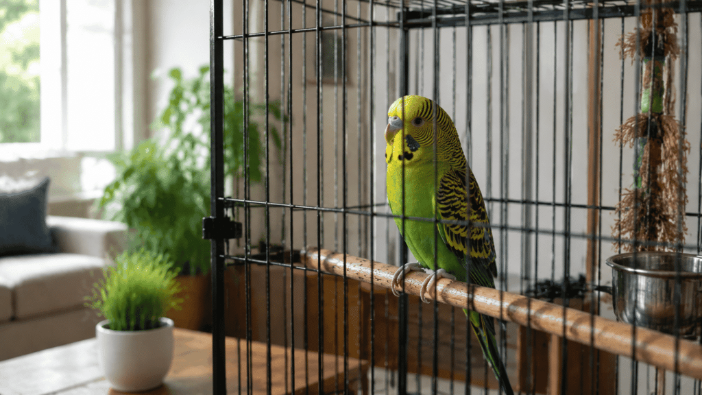 green and yellow parrot perched on a wooden bar inside a bird cage in a bright living room