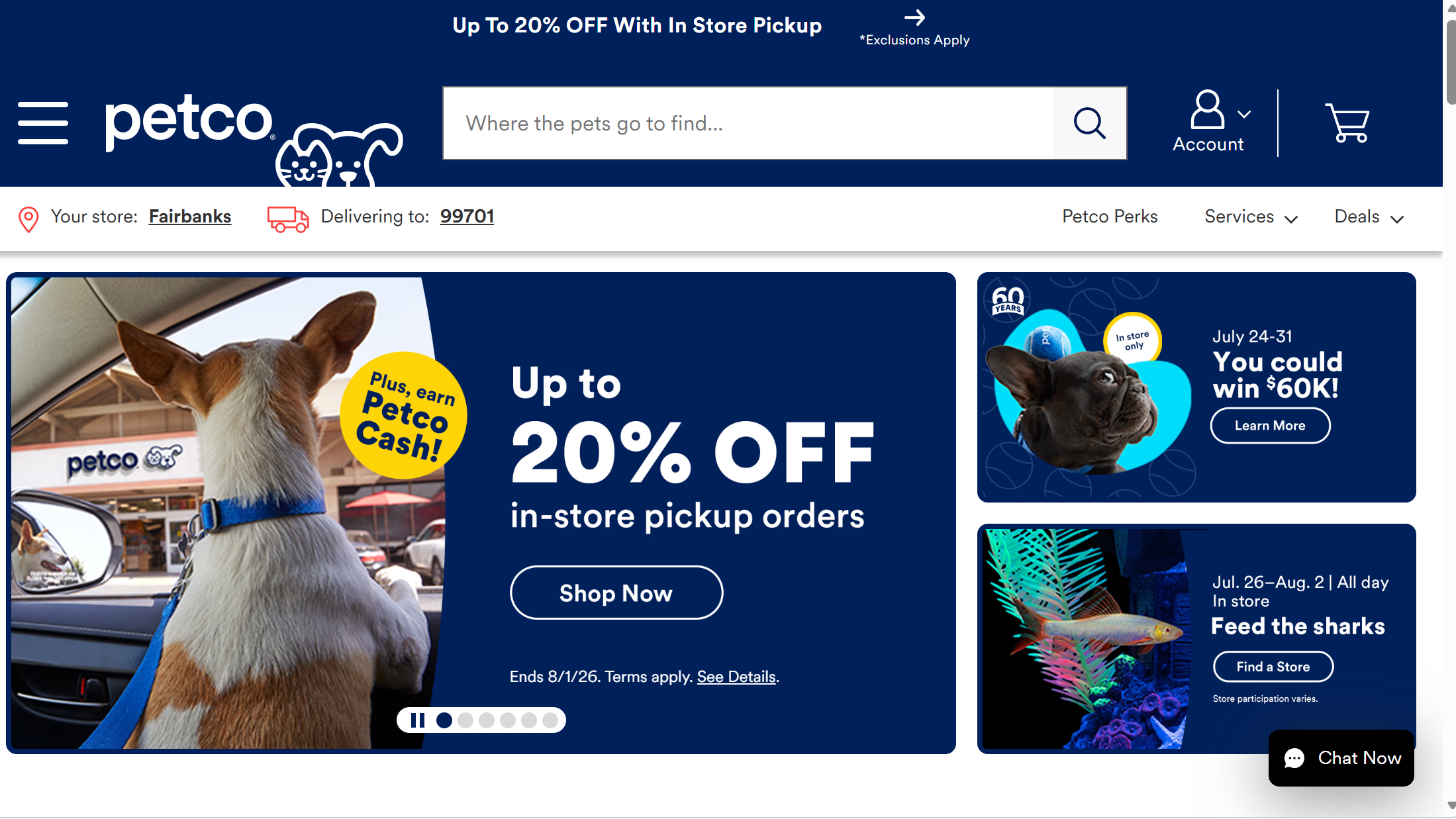 petco website homepage screenshot showing pet products services and supplies for dogs cats and other animals
