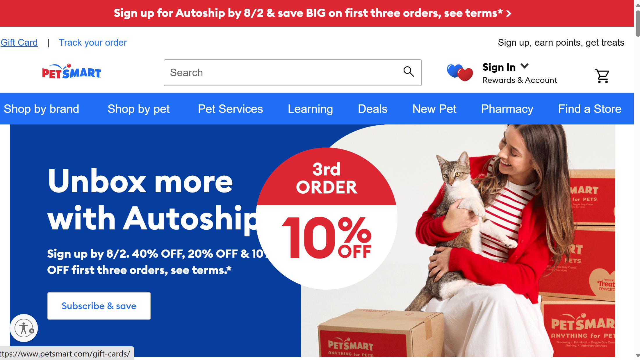 petsmart website homepage screenshot showing pet products services and supplies for dogs cats and other animals