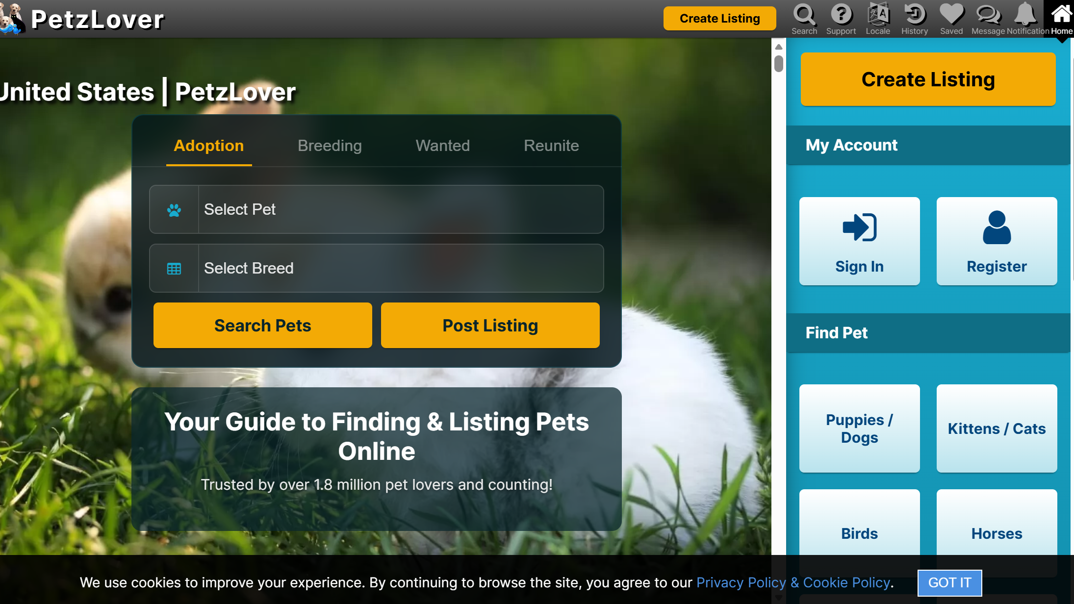 petzlover website homepage screenshot showing pet listings and services for buying selling and adopting animals