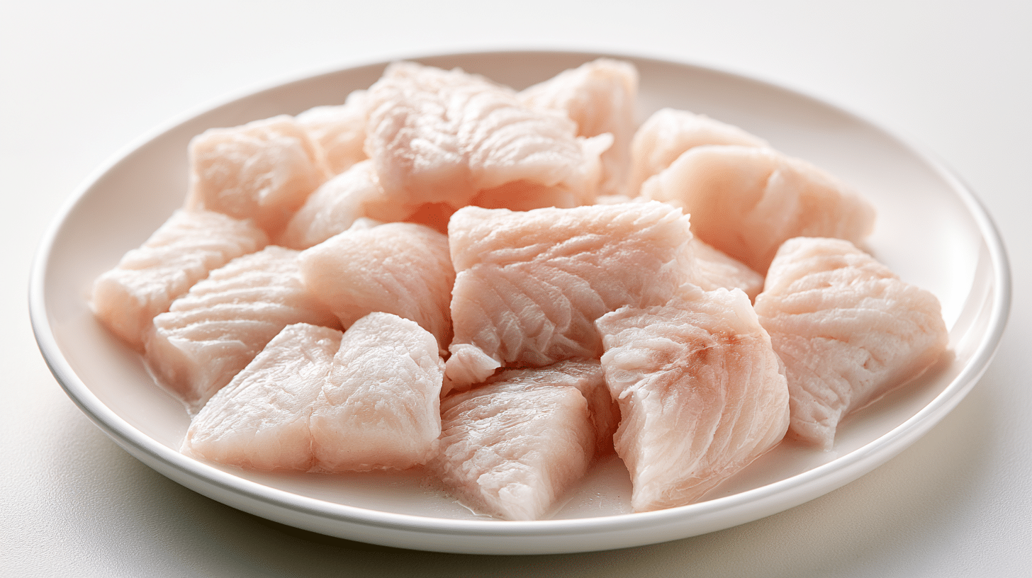 plain cooked catfish fillet cut into bite sized pieces on a white ceramic plate