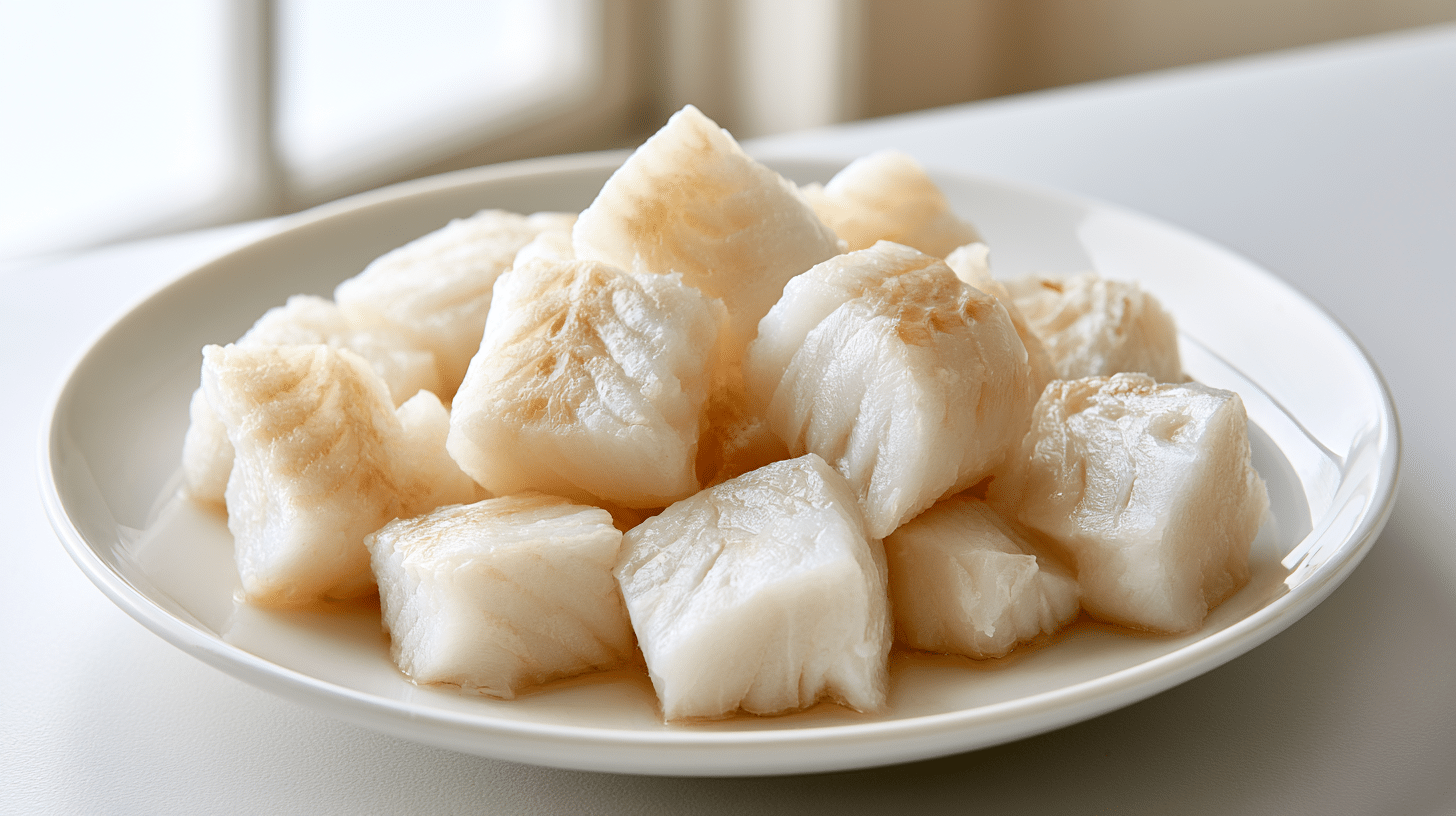 plain cooked cod fillet cut into small pieces on a white plate in a bright kitchen