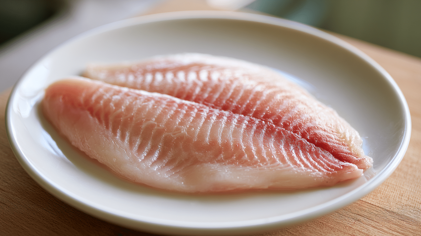 plain cooked tilapia fillet on a white plate with soft natural lighting in a home kitchen