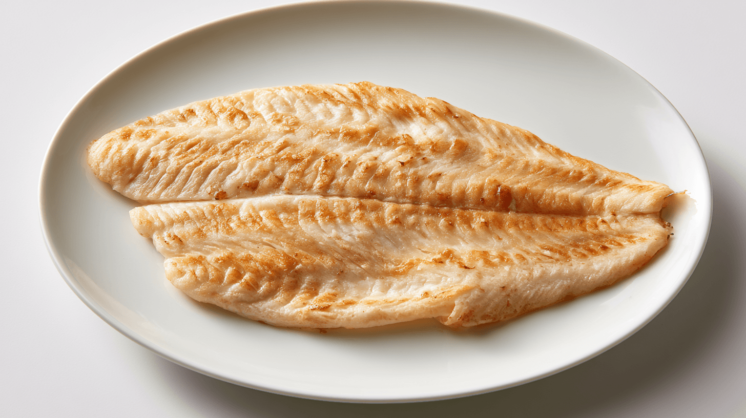 plain cooked flounder fillet on a white plate with bright natural lighting indoors