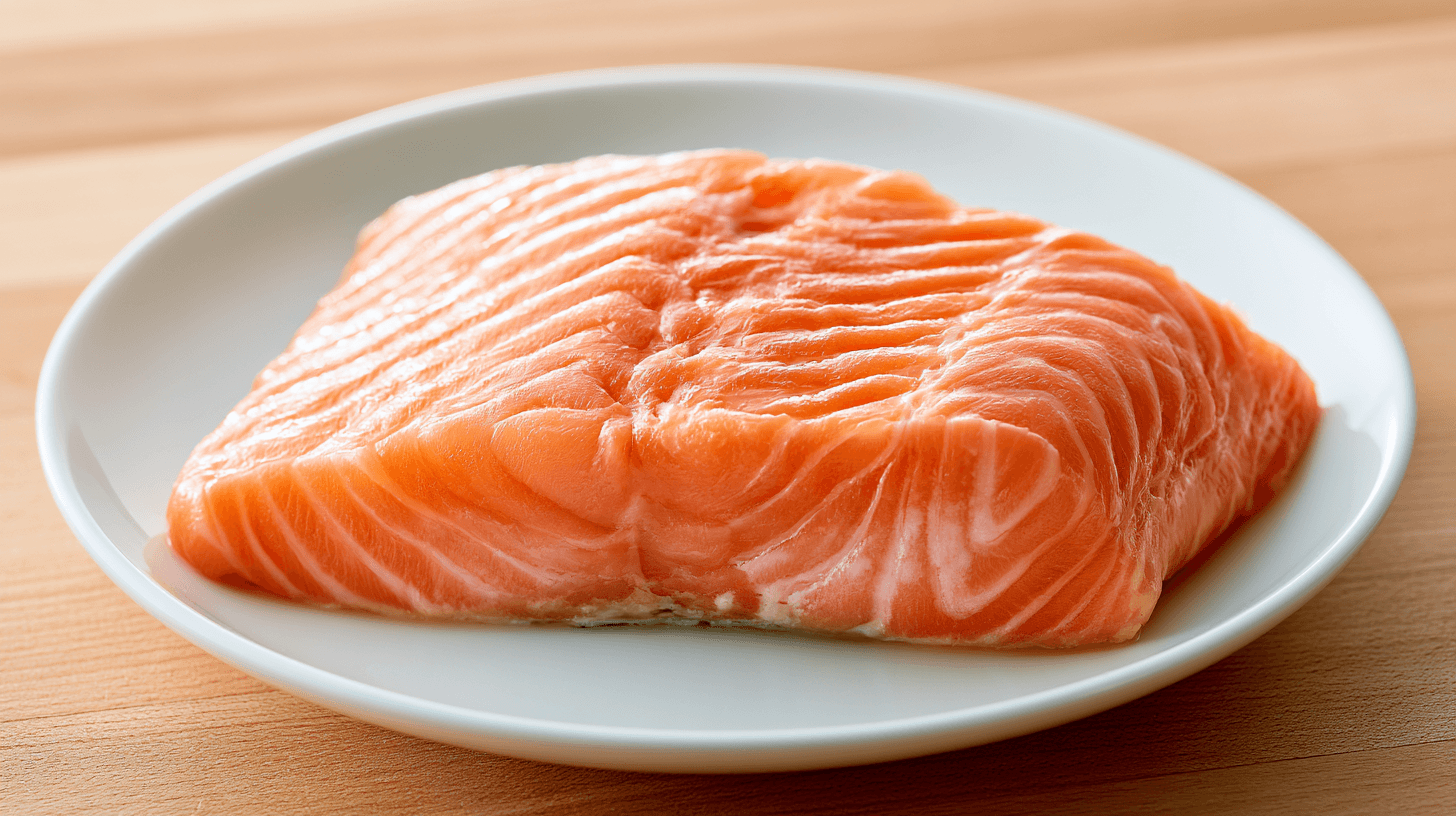 plain cooked salmon fillet on a white plate with natural lighting in a clean home kitchen