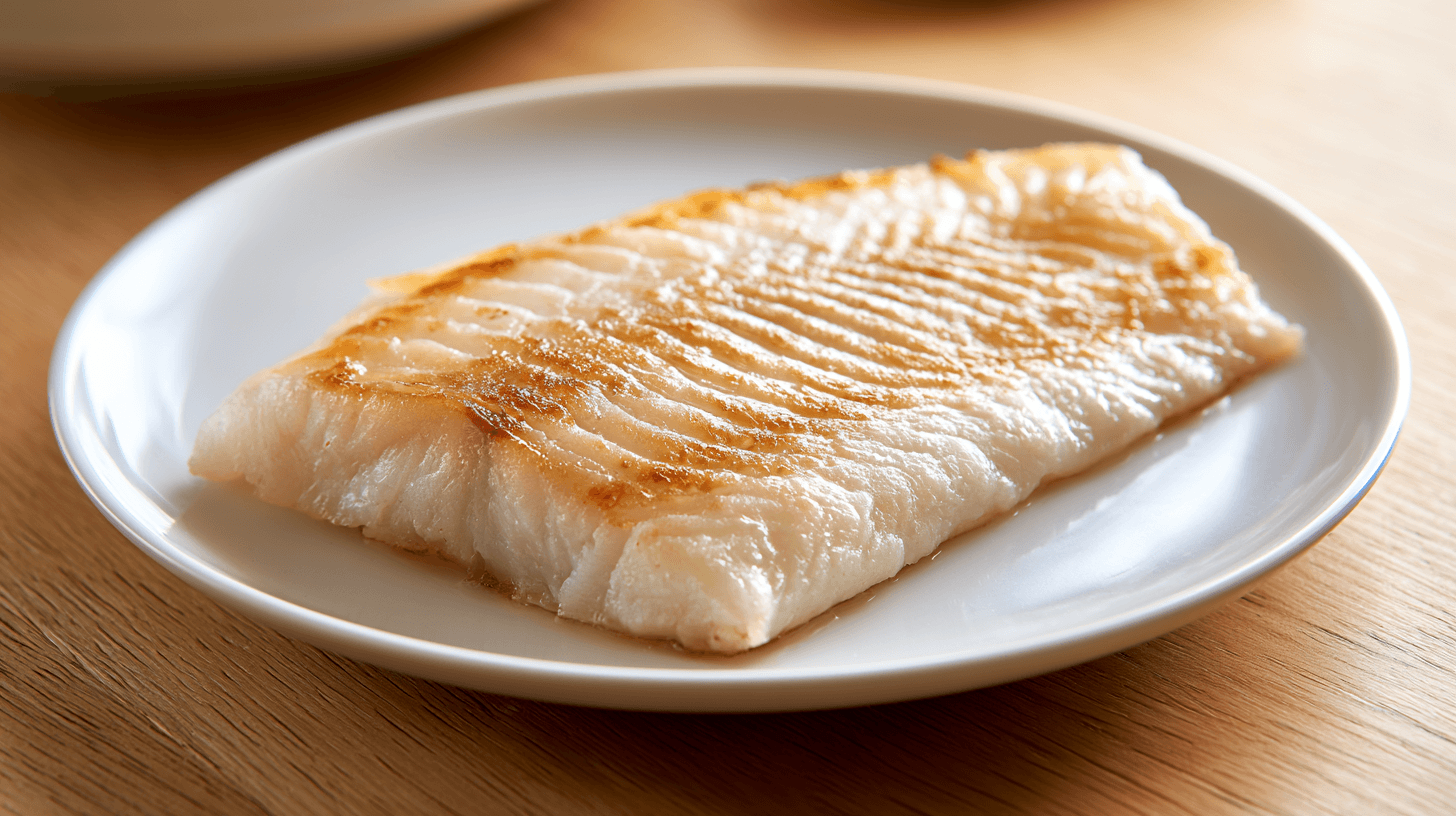 plain cooked whitefish fillet served on a white plate with natural kitchen lighting