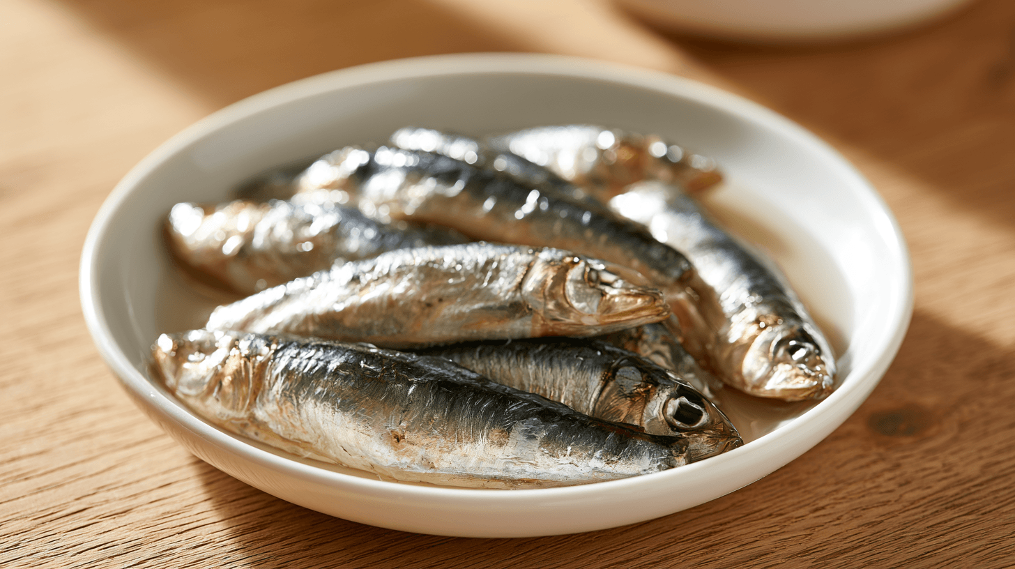 plain sardines served on a white plate with natural daylight on a wooden kitchen table