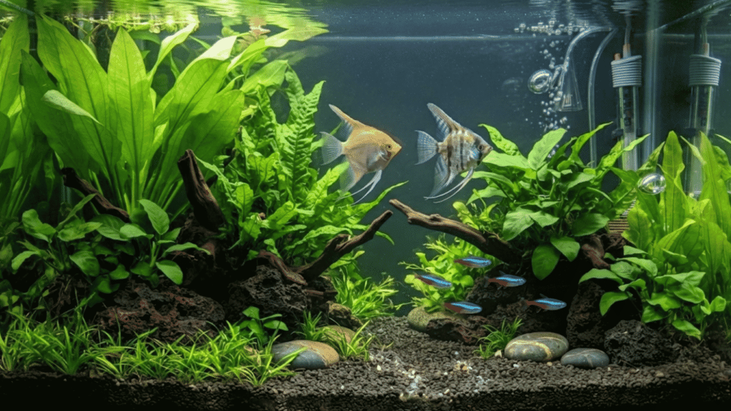planted aquarium with angelfish and small fish swimming among green plants rocks and driftwood