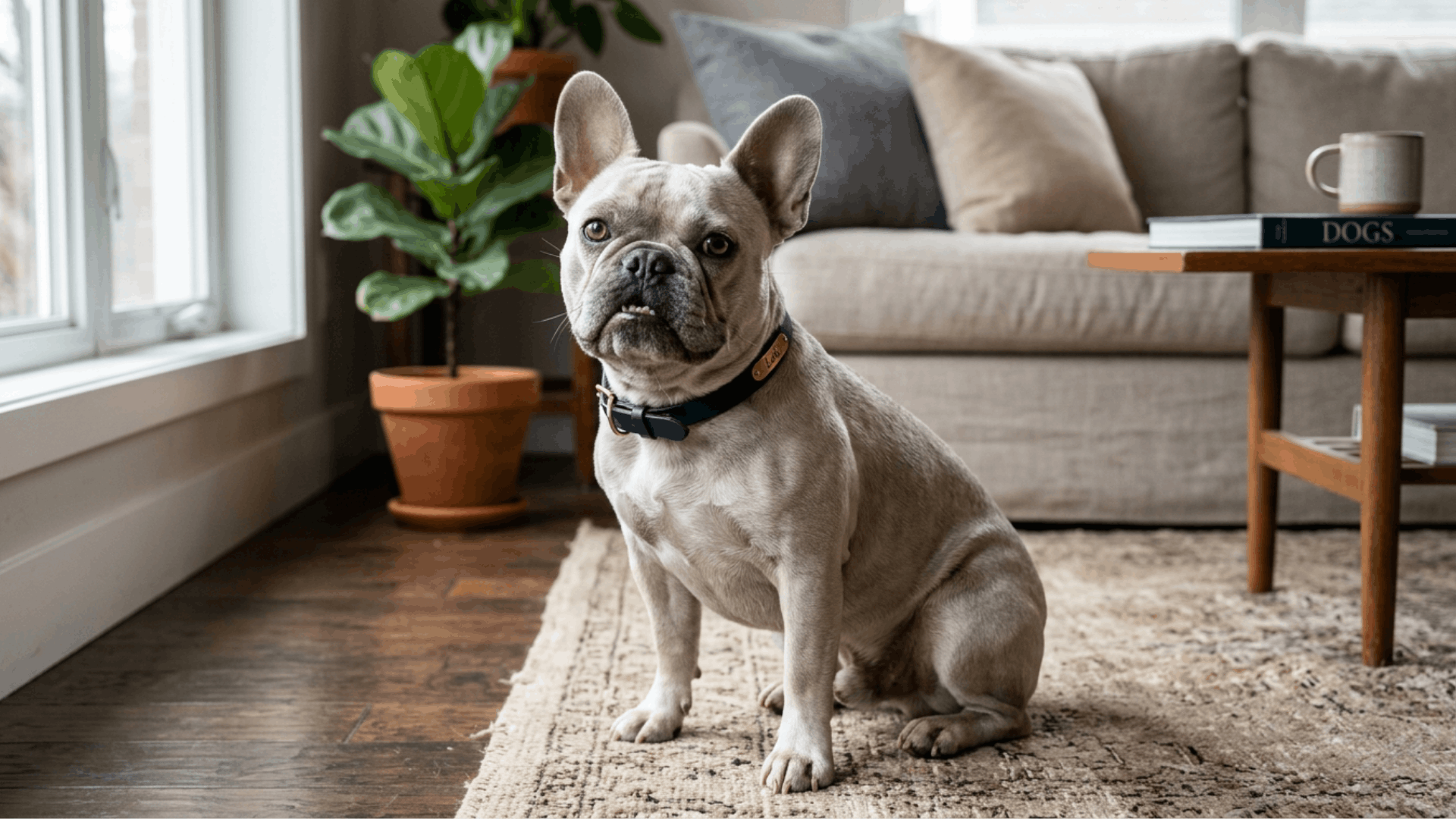 Platinum French Bulldog wearing a name-tag collar, sitting on a rug in a living room