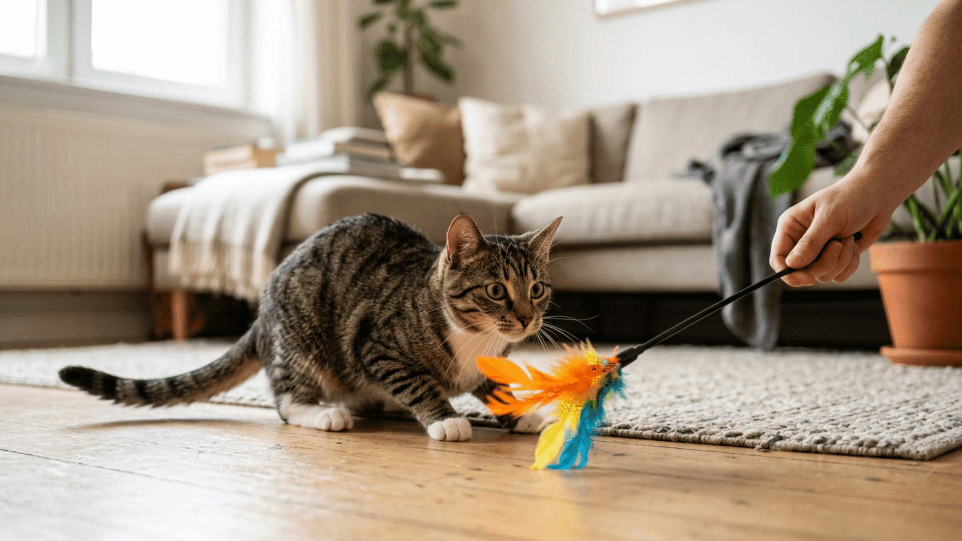 playful cat crouches and stares at a feather wand before beginning a safe indoor chase
