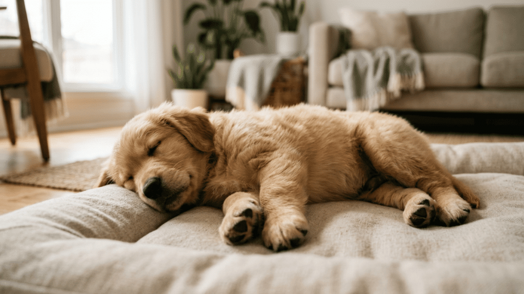 golden retriever puppy breathing fast while sleeping on a soft bed in a bright living room