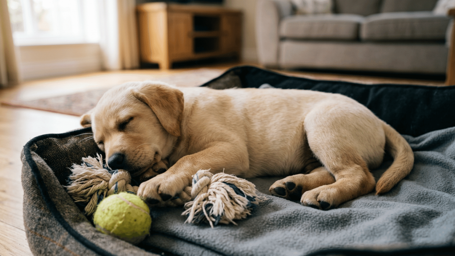labrador puppy breathing fast while sleeping beside toys after recent play and excitement at home