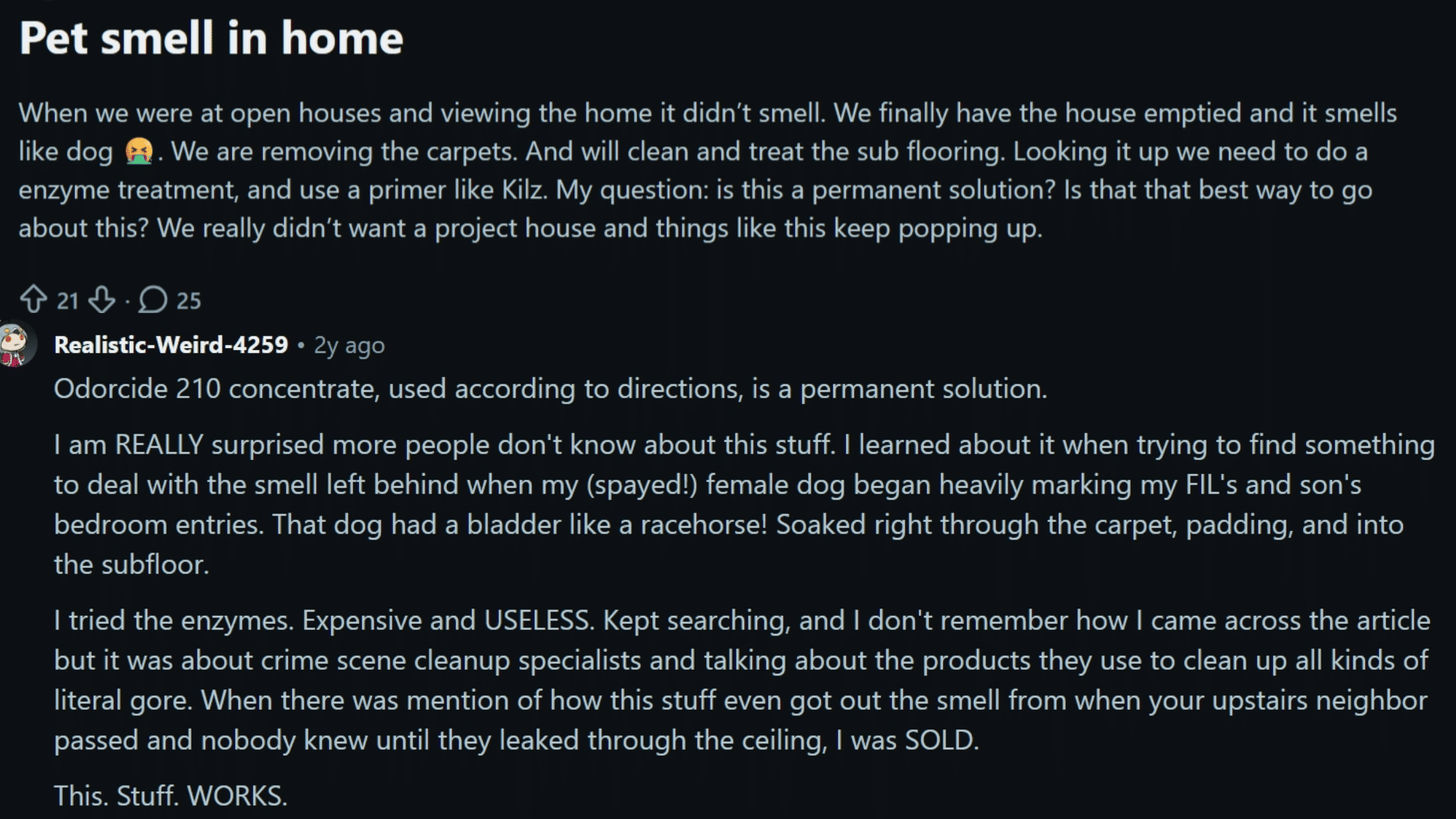 reddit users sharing their experiences about how they got pet odor out of the house