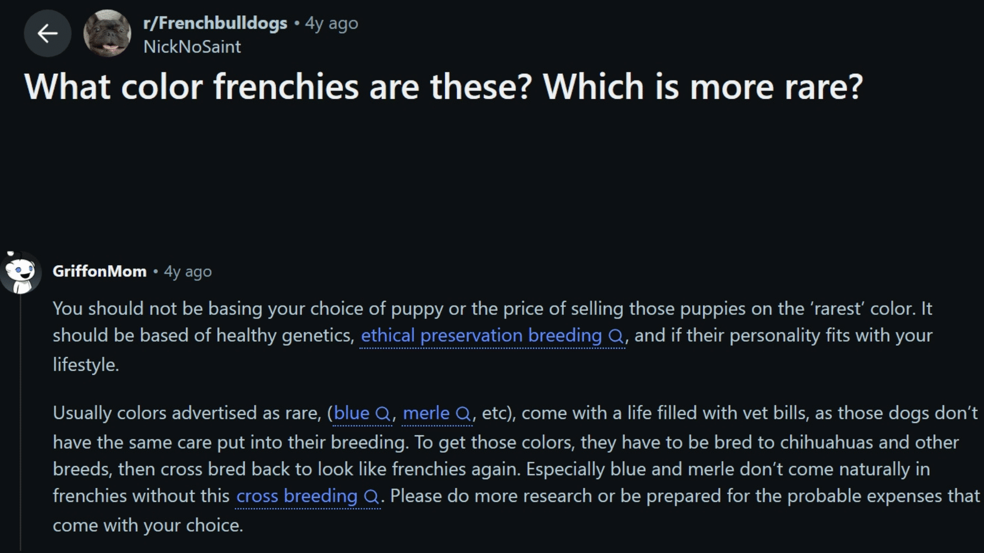 Reddit discussion about rare French Bulldog colors and health concerns shared by owners