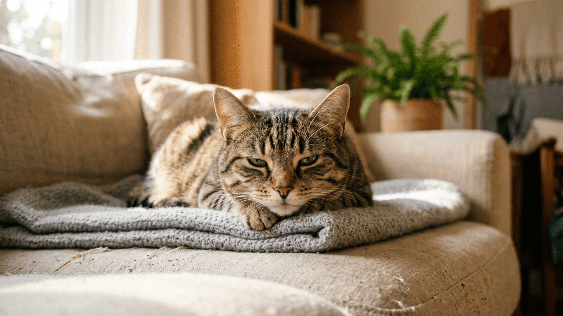 relaxed cat gives its trusted owner a slow blink while resting with its paws tucked