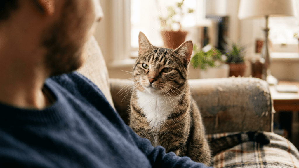 relaxed cat softly staring at the owner with calm body language