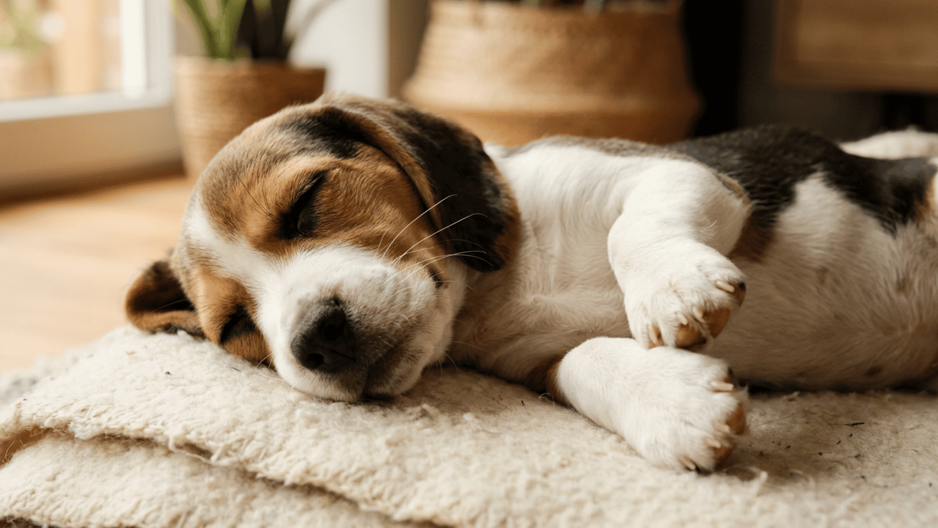 beagle puppy breathing fast while sleeping during rem sleep and dreaming on a soft blanket
