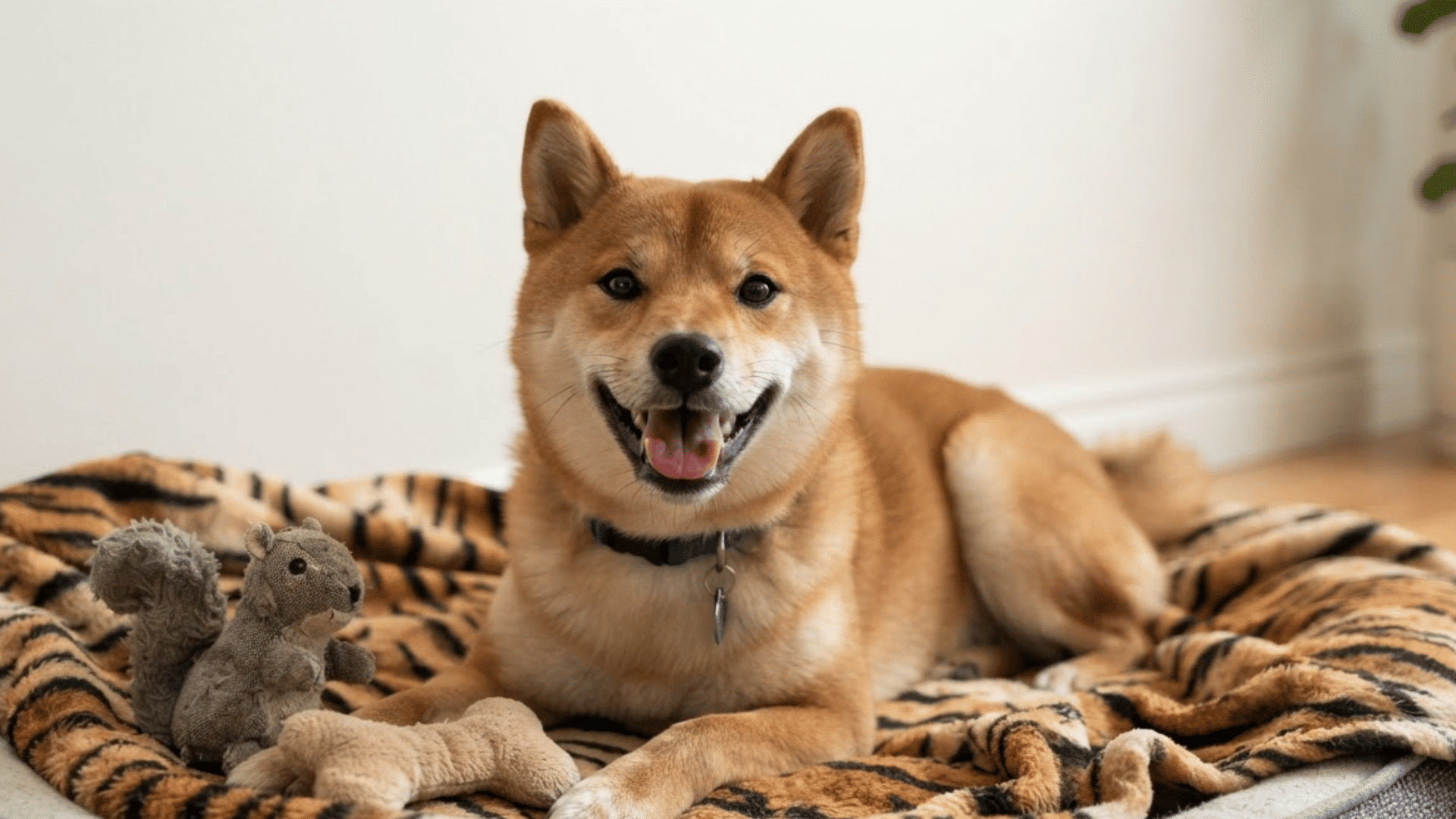 shiba inu dog lying on a patterned blanket in a pet bed with toys nearby and a happy expression indoors