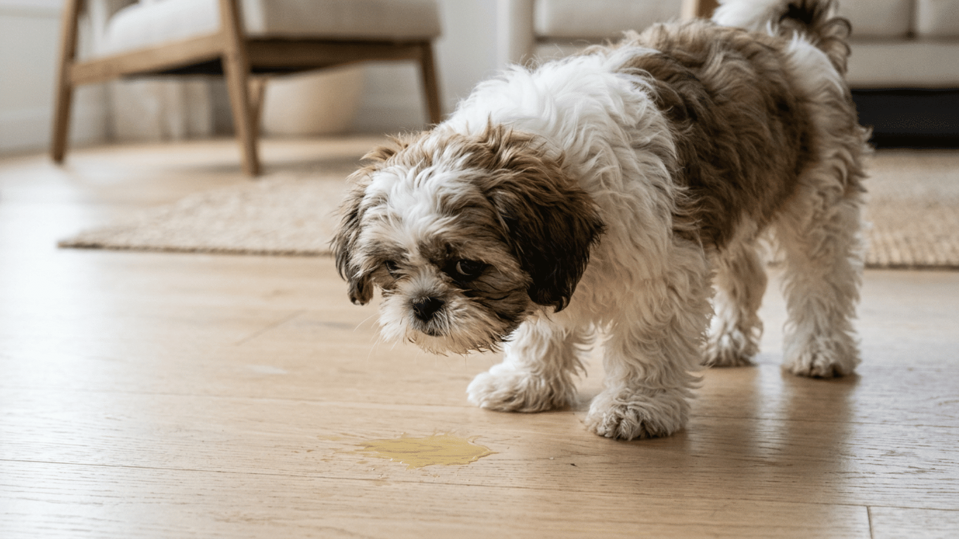 shih tzu puppy standing near yellow vomit spot on wooden floor indoors
