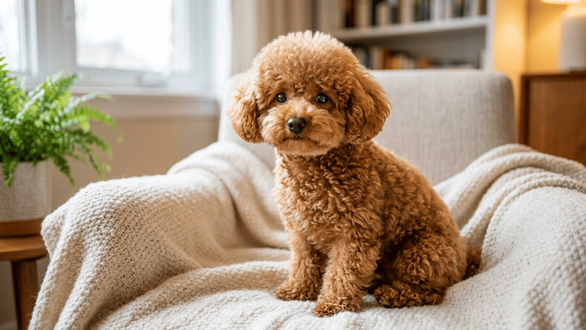 small curly brown Poodle dog sitting on a cozy white armchair blanket