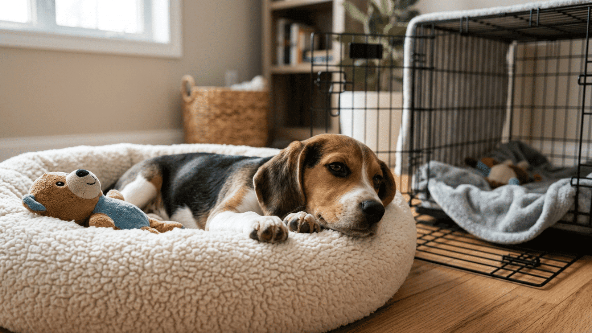 beagle puppy breathing fast while sleeping after stress from a new home beside an open crate