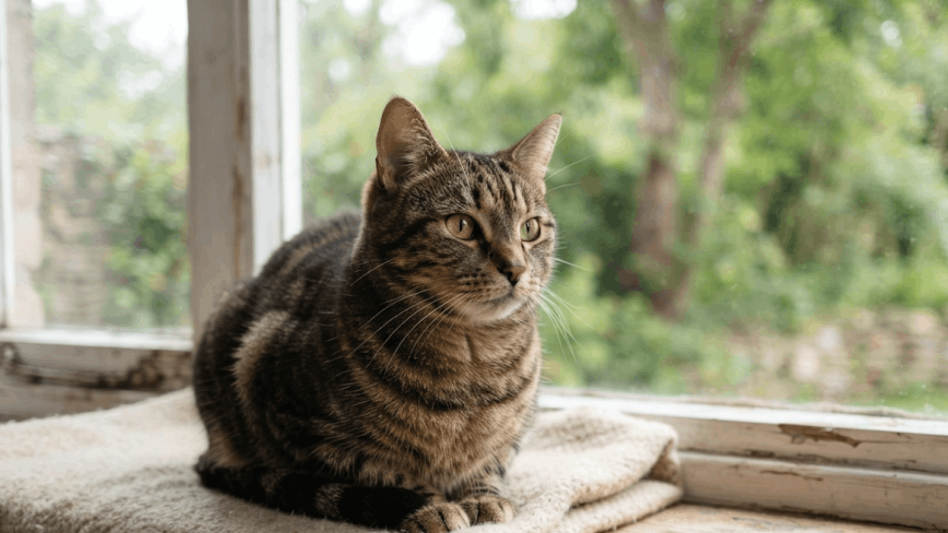 tabby cat resting on a soft blanket beside a window with green outdoor view and natural light indoors