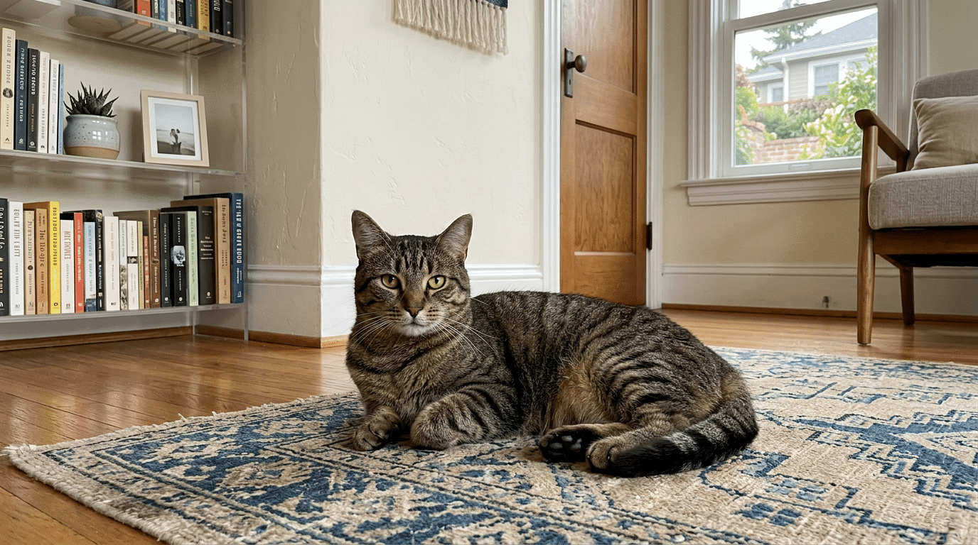tabby cat rests on a patterned rug in a cozy living room with bookshelves a window and a wooden door in the background