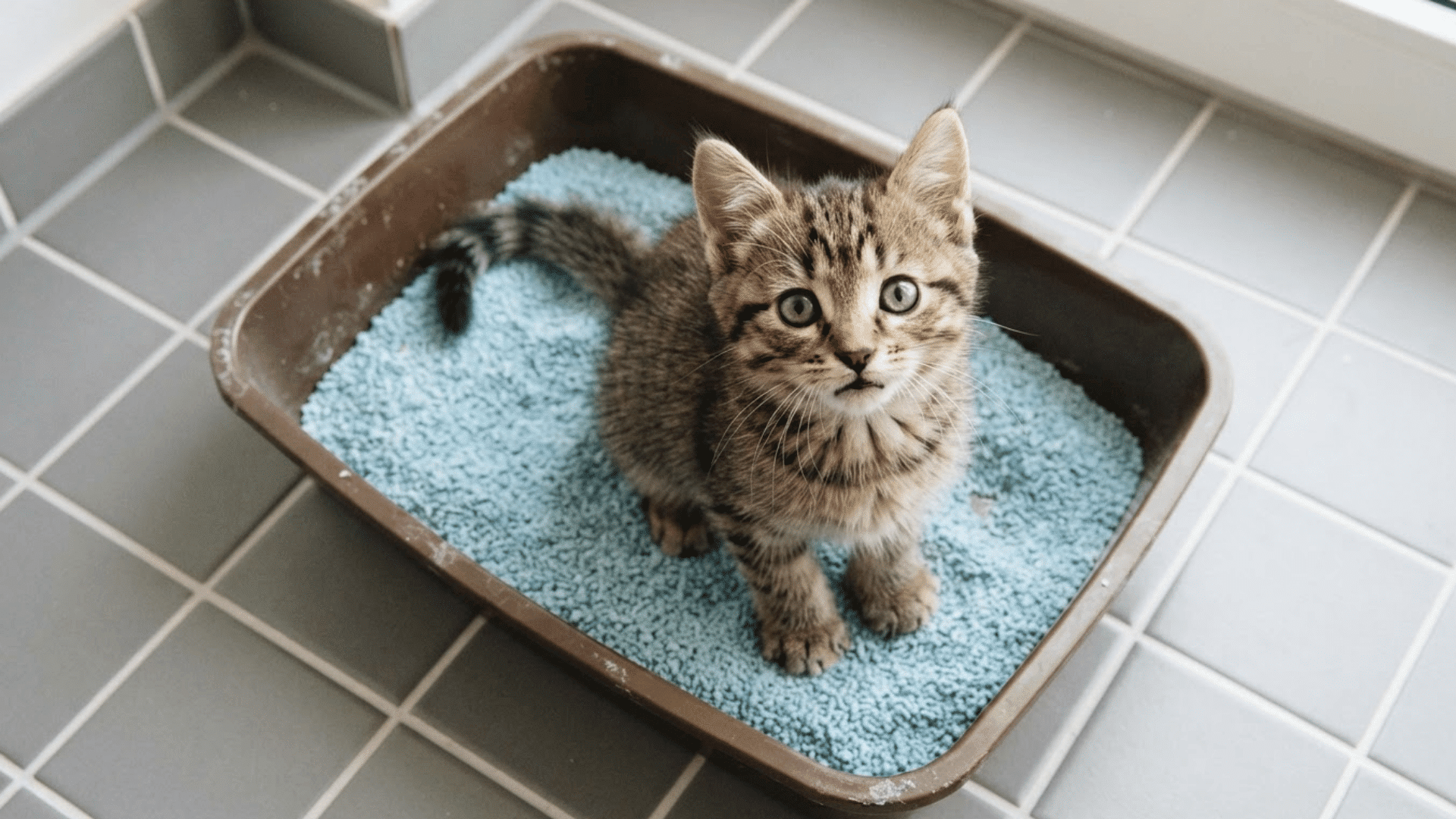 tabby kitten sitting in a clean litter box with blue litter looking up toward the camera on a tiled floor near a window