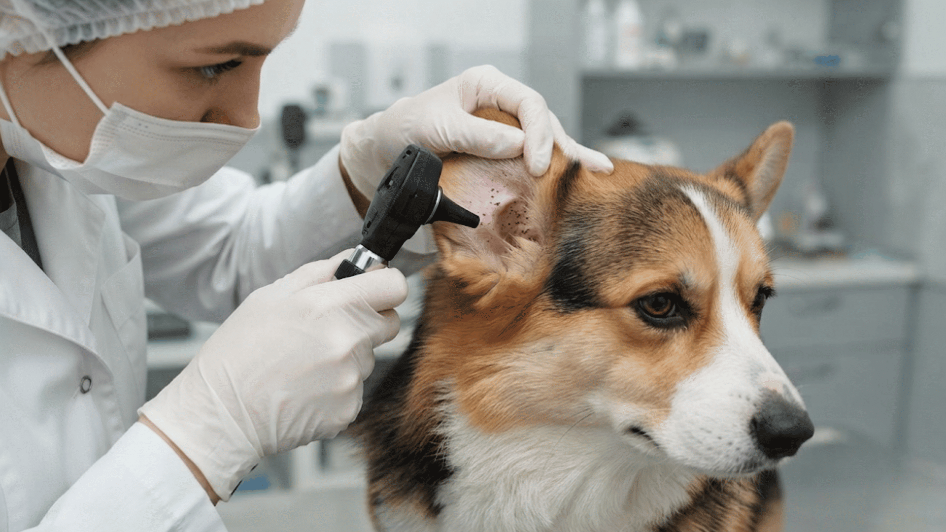 veterinarian examining a corgi ear with an otoscope while wearing gloves and protective mask in a clinic
