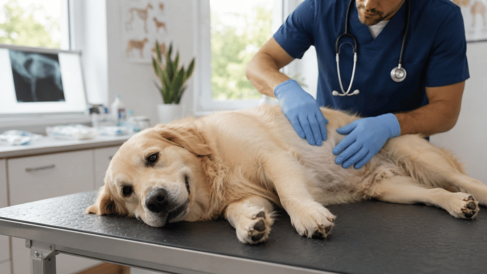 veterinarian examining a golden retriever’s swollen abdomen on an exam table.