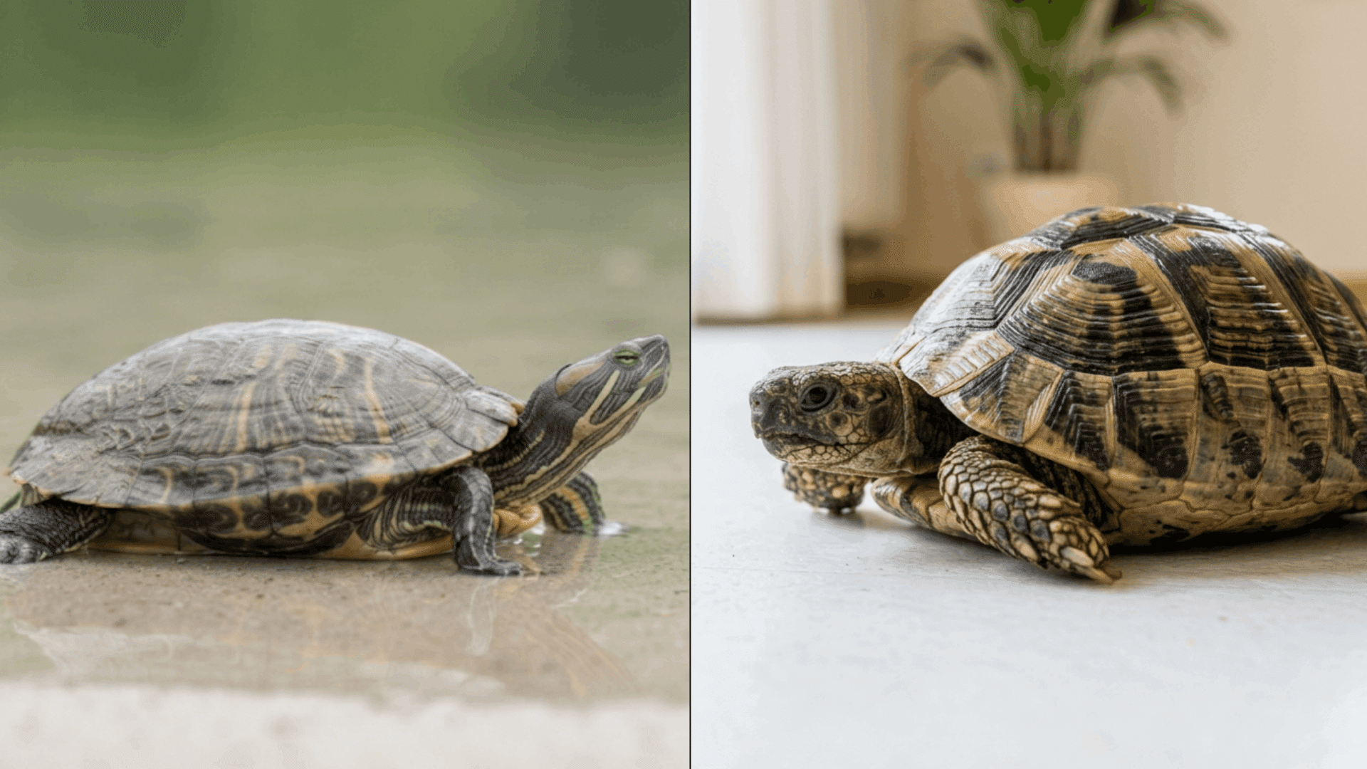 comparison of turtle and tortoise showing aquatic turtle and land tortoise with different shells and habitats