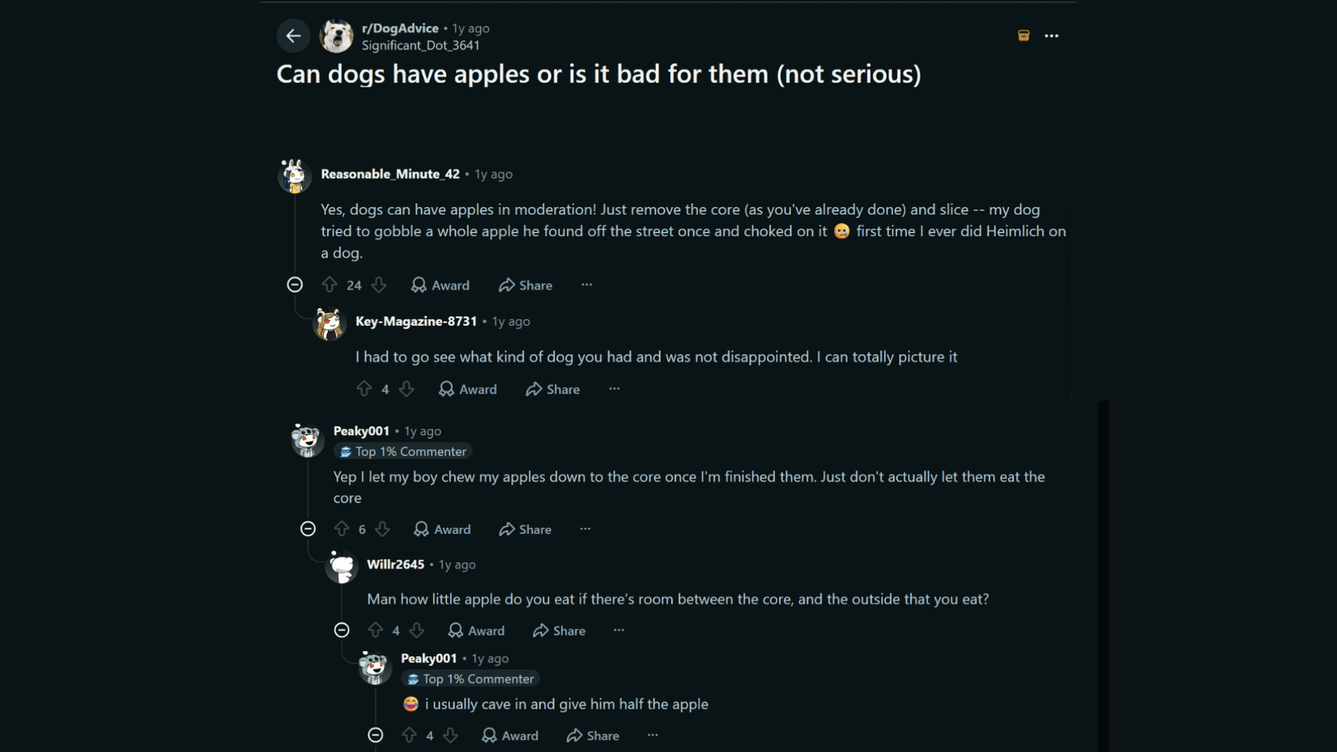 reddit discussion where dog owners share whether dogs can safely eat apples and how to serve them