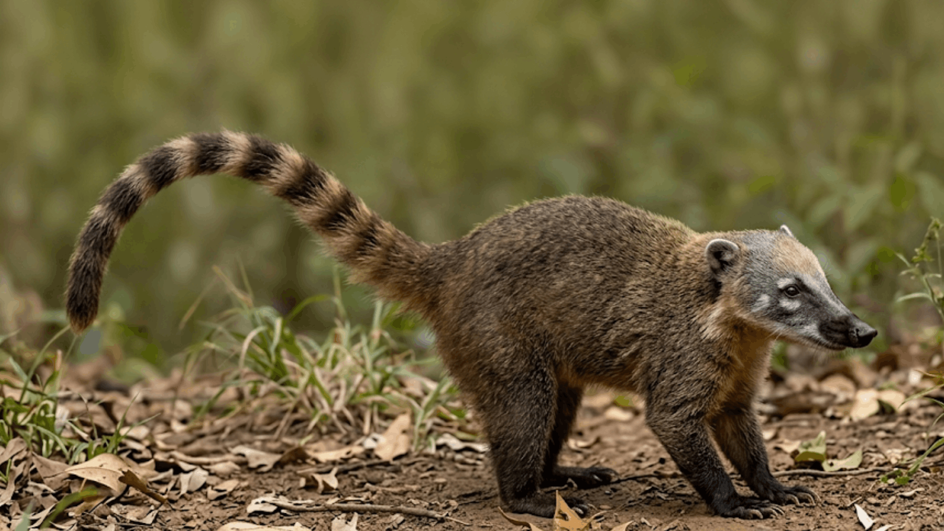 white nosed coati walking across a forest floor with a long ringed tail and soft green woodland background