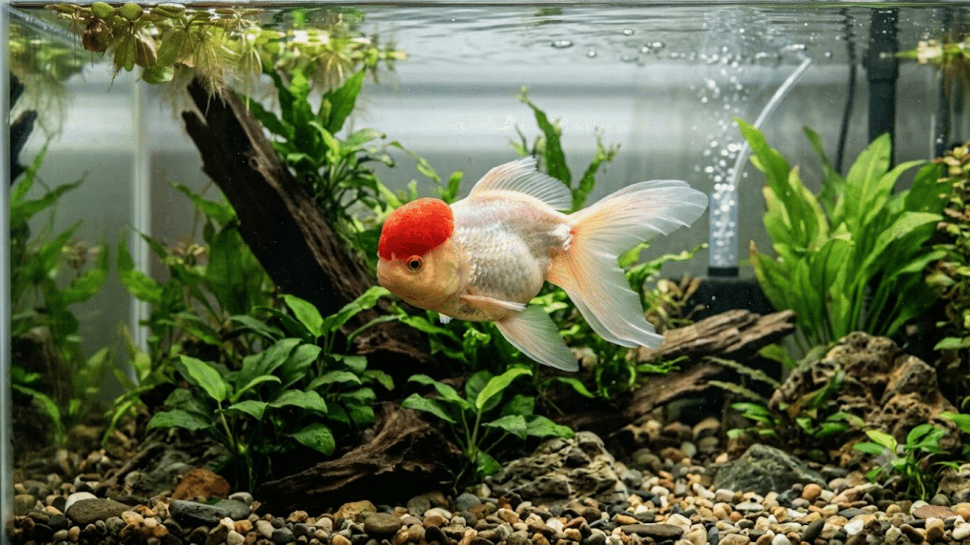white oranda goldfish with a bright red head swimming in a planted aquarium above rocks and driftwood with green plants