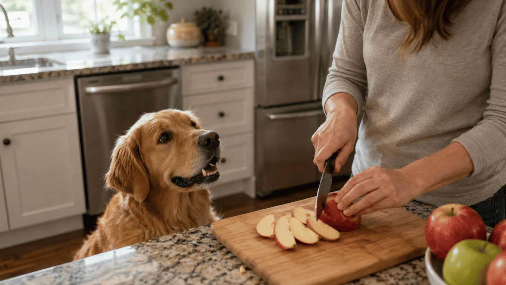 golden retriever watching owner slice fresh apples on a kitchen counter while waiting for a treat