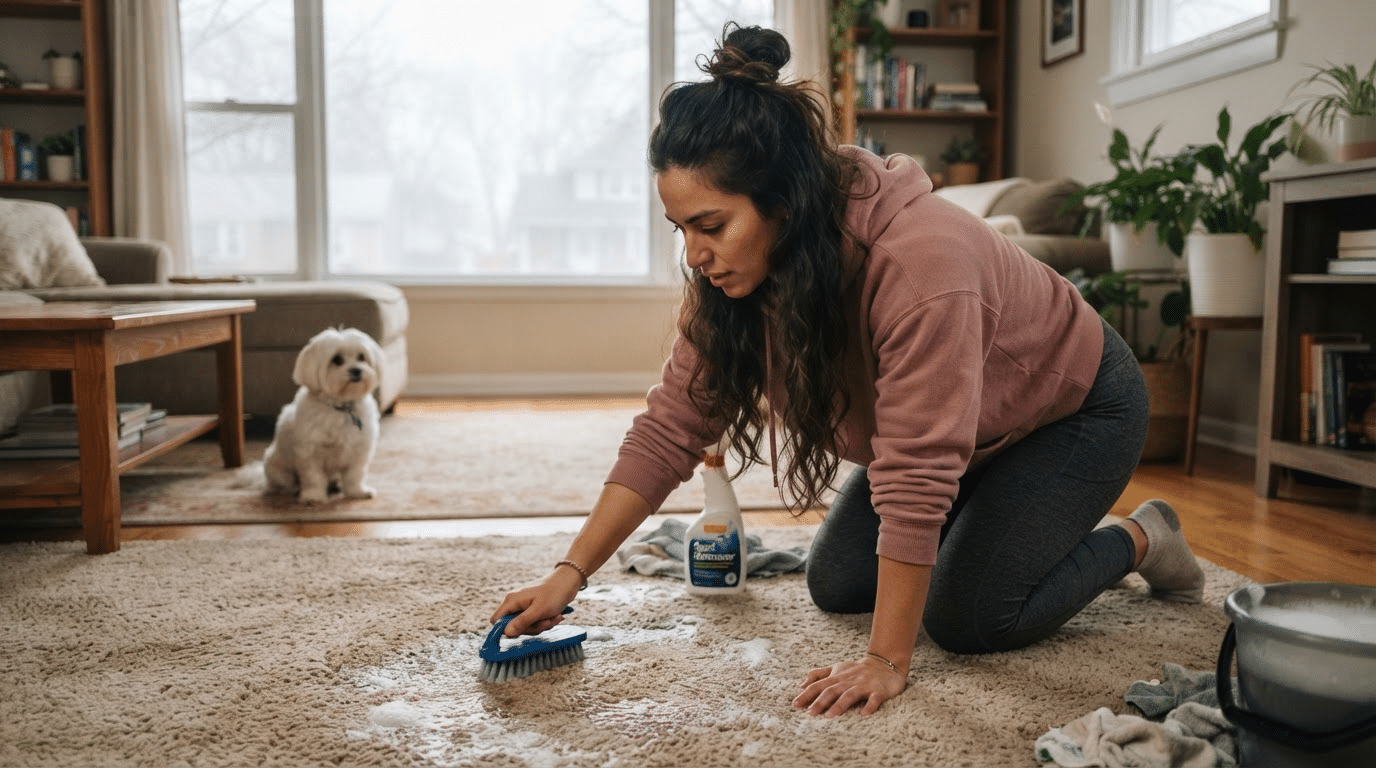 woman cleaning a carpet with pet odor remover as a small white dog sits nearby in a cozy living room