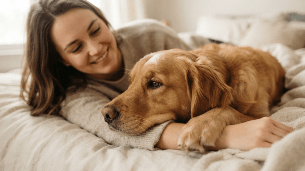 woman comforting a golden retriever lying on a bed while showing care and emotional support for a sick dog