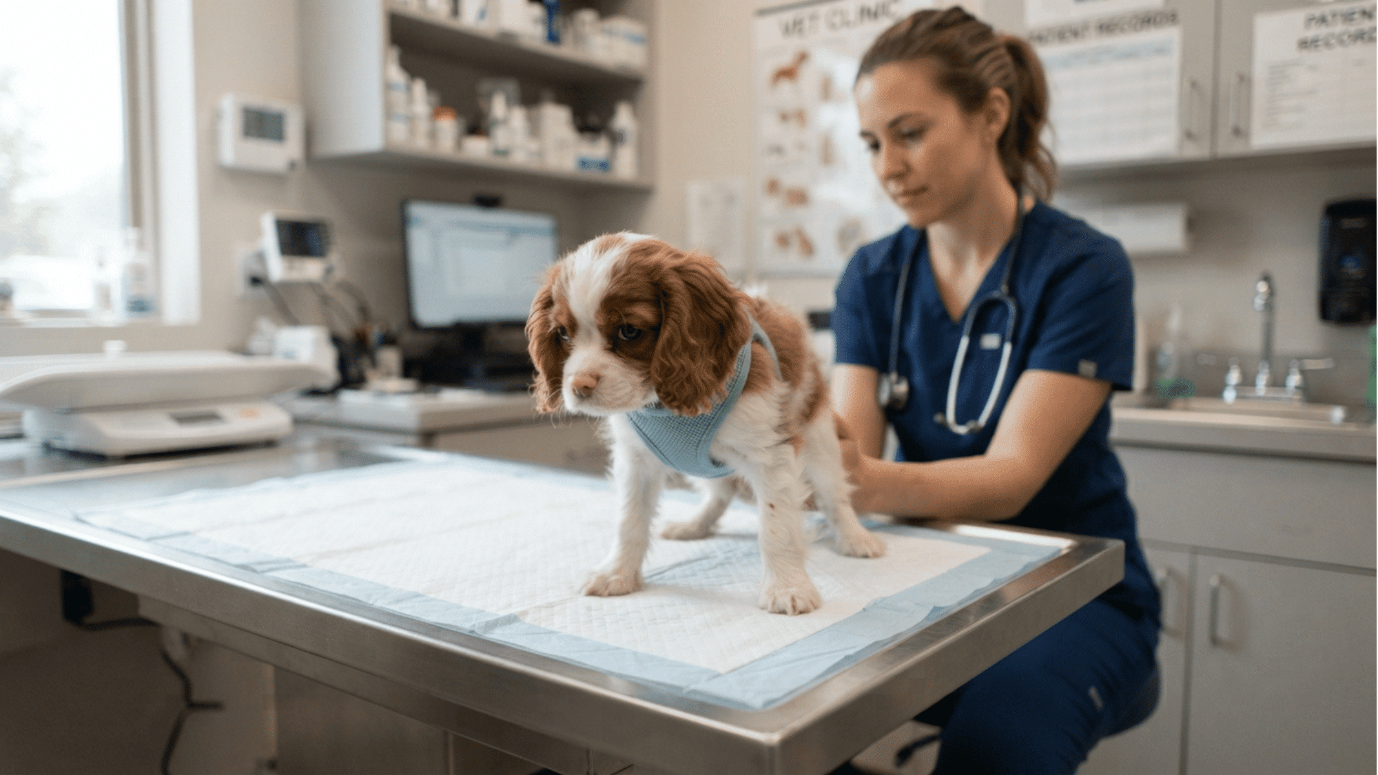 young puppy being examined by a veterinarian on a clinic table for shaking puppy syndrome symptoms